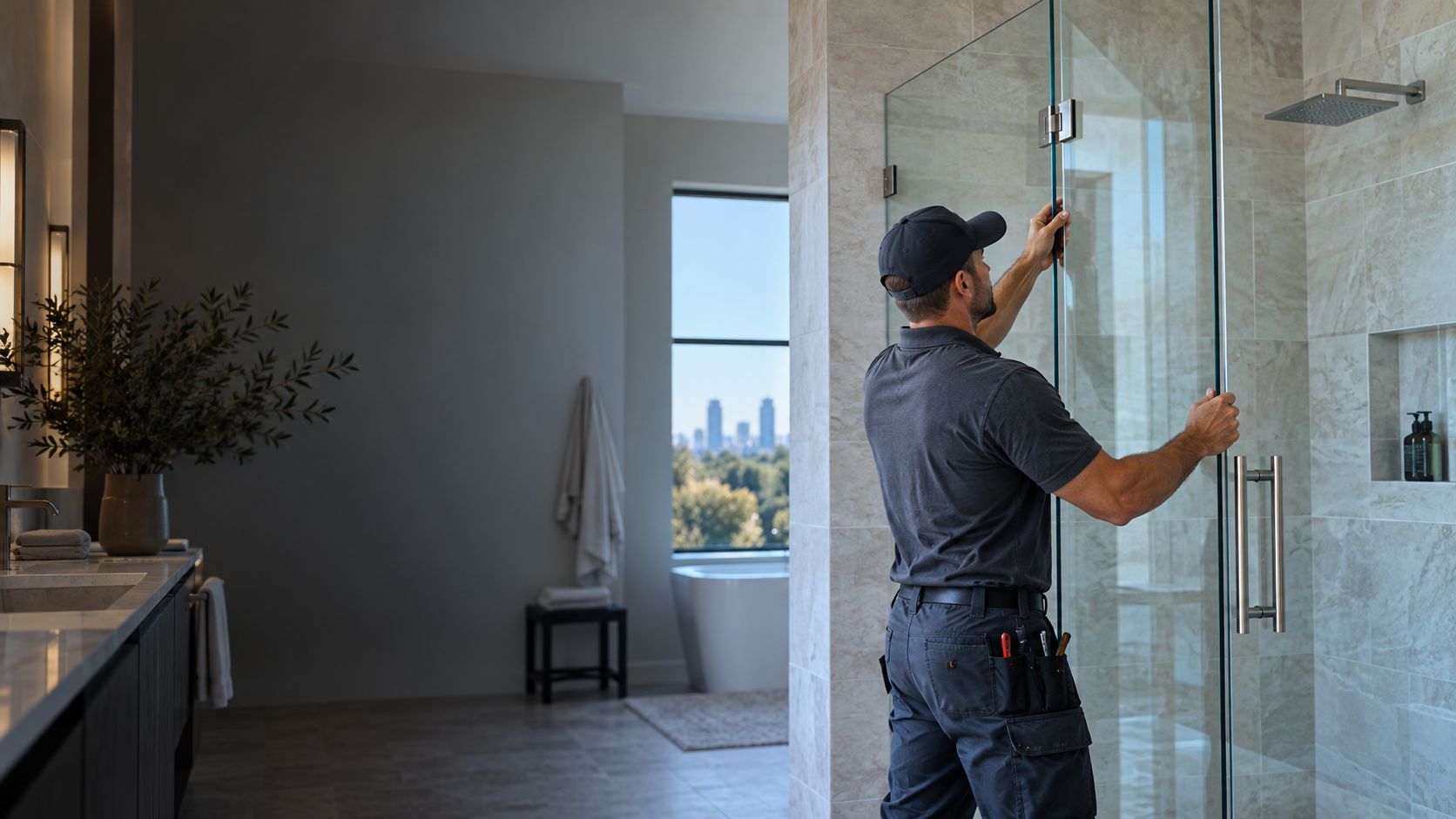 Professional glazier installing a frameless shower enclosure